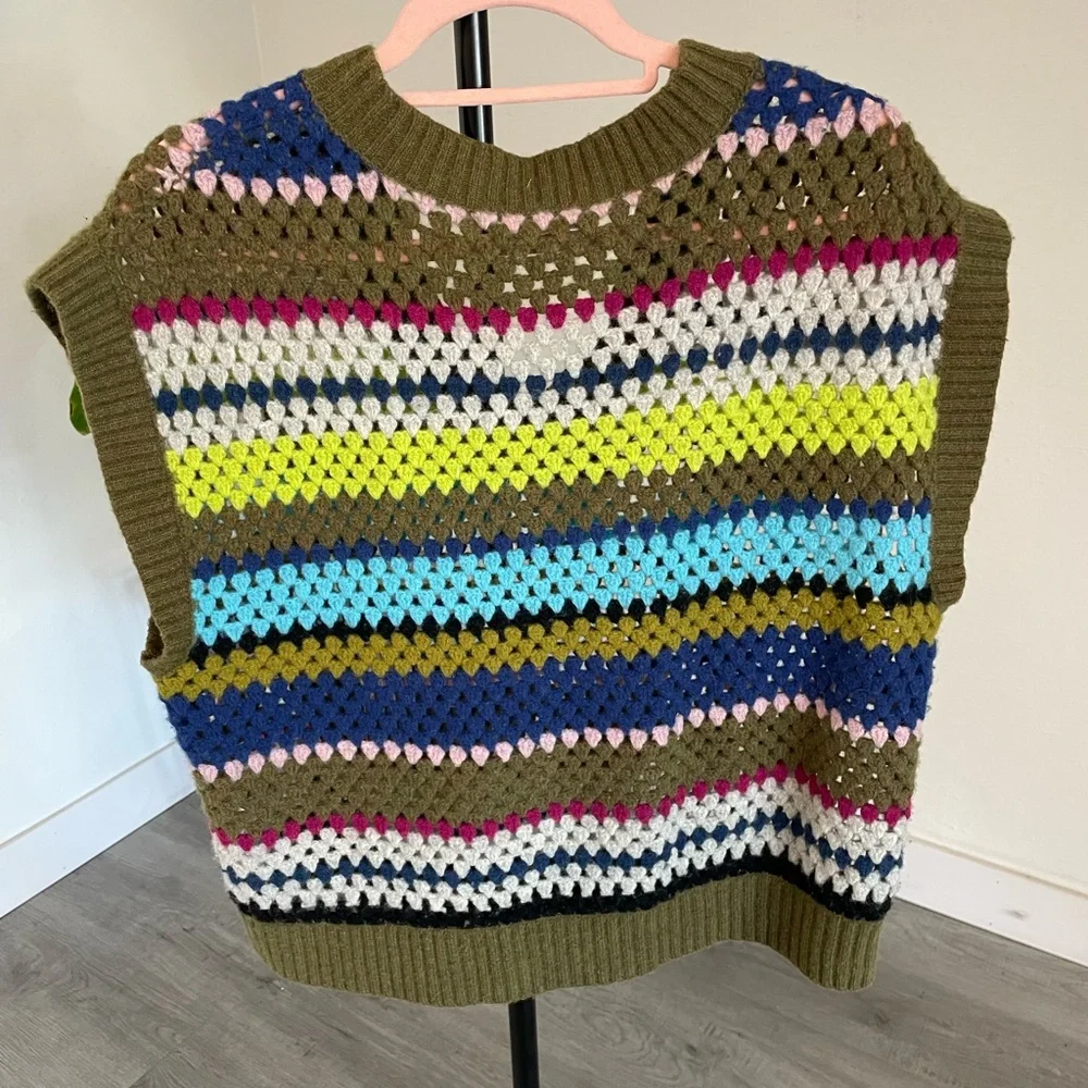 Baum Un Pferdgarten Striped Multicolor open Knit Sweater Vest - Olive Trim - Picture 4 of 6